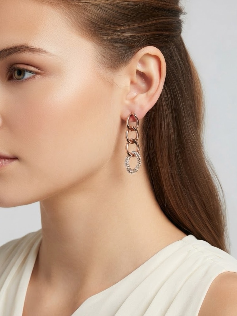 Rose Gold Chain Link Drop Earrings | Pavé Rhinestone Oval Link Statement Earring